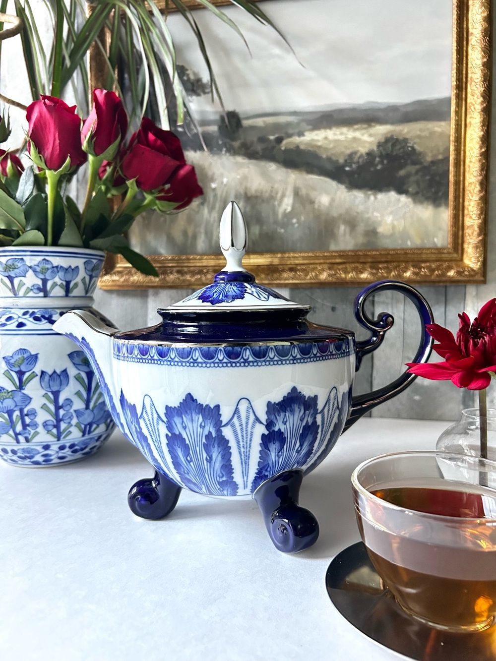 🌴Elegance Bombay Cobalt Blue & White Chinoiserie Porcelain Teapot W/Lid